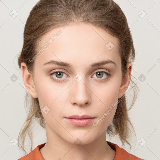 Neutral white young-adult female with medium  brown hair and grey eyes