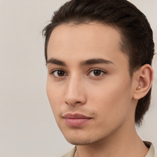 Neutral white young-adult male with short  brown hair and brown eyes