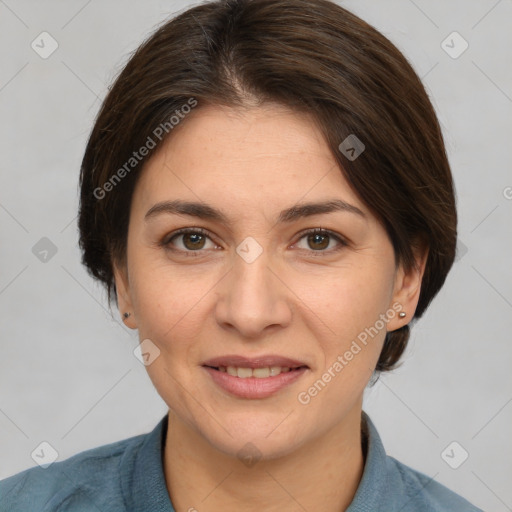 Joyful white young-adult female with medium  brown hair and grey eyes