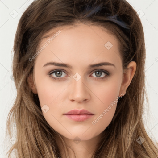 Neutral white young-adult female with long  brown hair and brown eyes