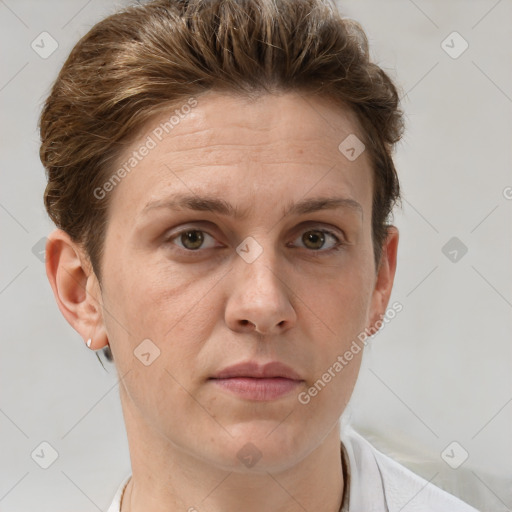 Joyful white adult female with short  brown hair and grey eyes