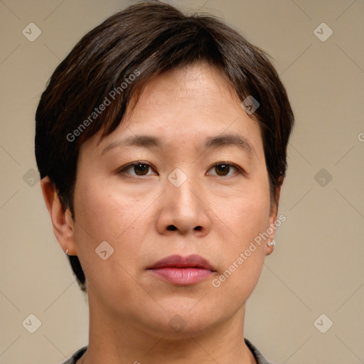 Neutral asian young-adult female with short  brown hair and brown eyes