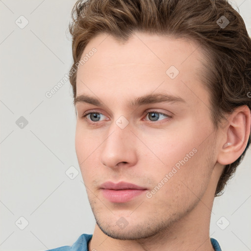 Neutral white young-adult male with short  brown hair and grey eyes