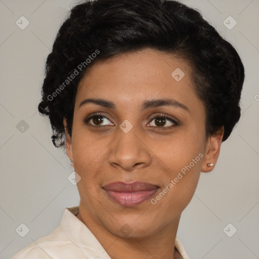 Joyful latino young-adult female with short  black hair and brown eyes