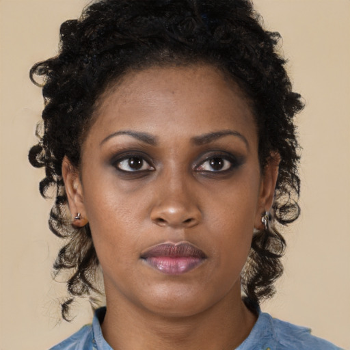Neutral black young-adult female with long  brown hair and brown eyes