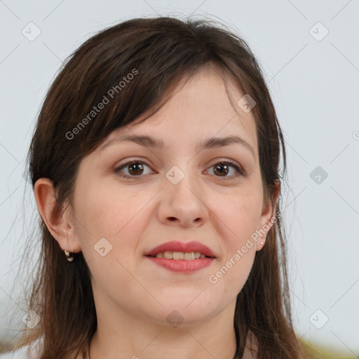 Joyful white young-adult female with long  brown hair and grey eyes