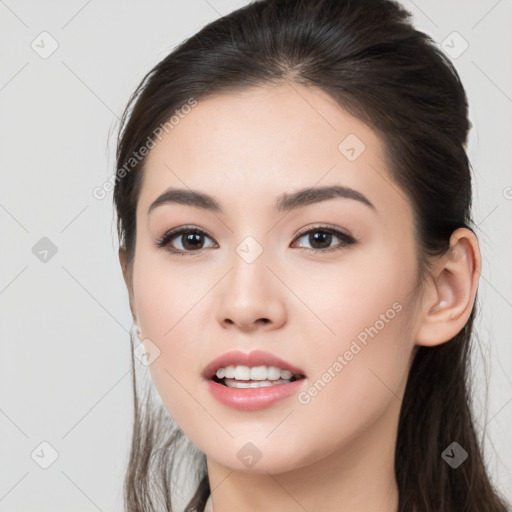 Joyful white young-adult female with long  brown hair and brown eyes