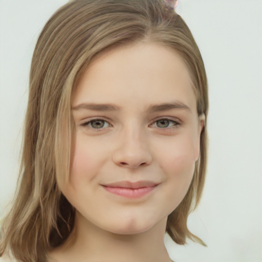 Joyful white child female with medium  brown hair and grey eyes