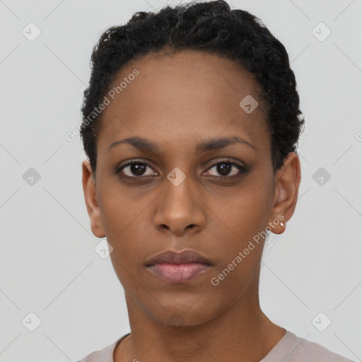 Neutral black young-adult female with short  black hair and brown eyes