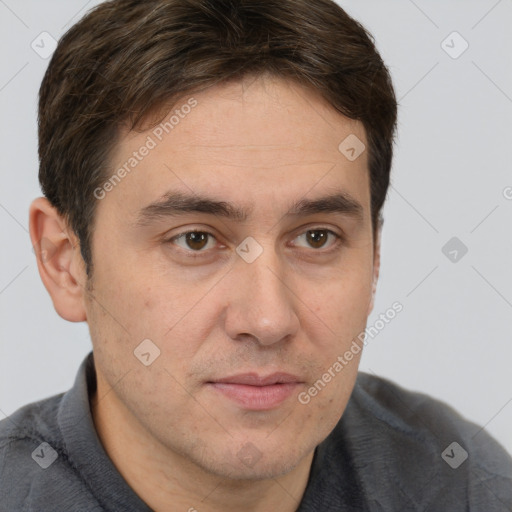 Neutral white adult male with short  brown hair and brown eyes