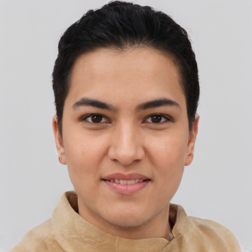 Joyful asian young-adult female with short  brown hair and brown eyes