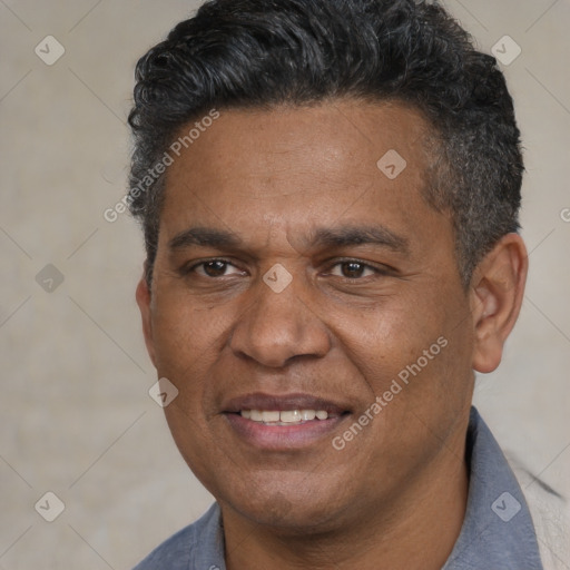 Joyful white adult male with short  black hair and brown eyes