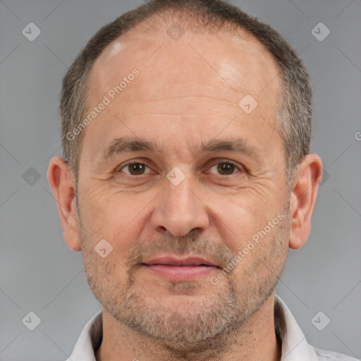 Neutral white middle-aged male with short  brown hair and brown eyes