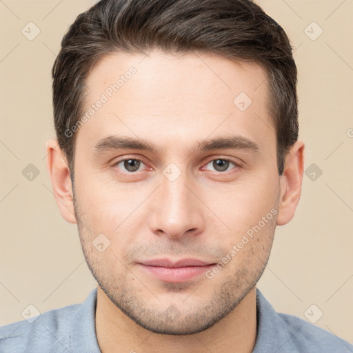 Neutral white young-adult male with short  brown hair and brown eyes