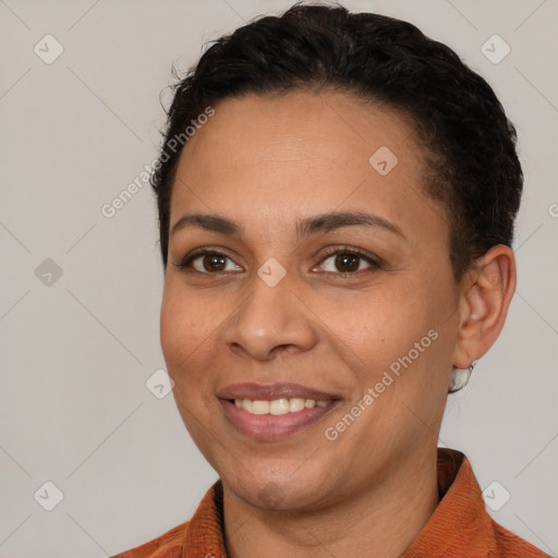 Joyful white young-adult female with short  brown hair and brown eyes