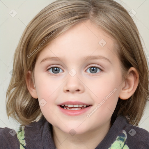 Joyful white child female with medium  brown hair and blue eyes