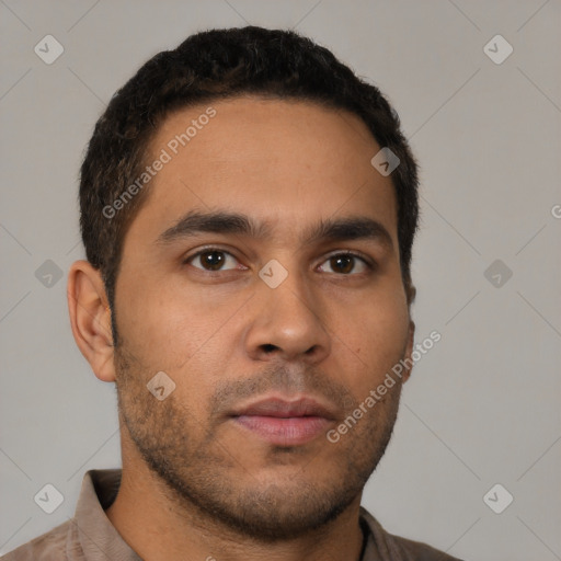 Neutral latino young-adult male with short  brown hair and brown eyes