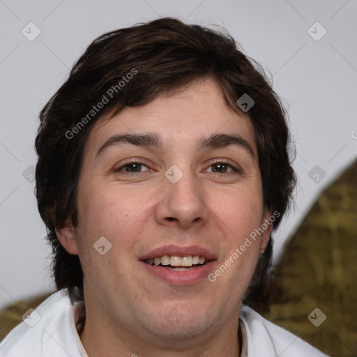 Joyful white adult male with medium  brown hair and brown eyes