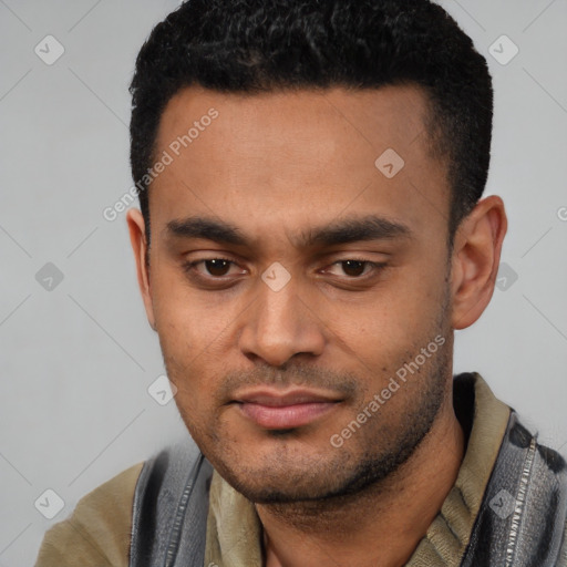 Neutral latino young-adult male with short  black hair and brown eyes