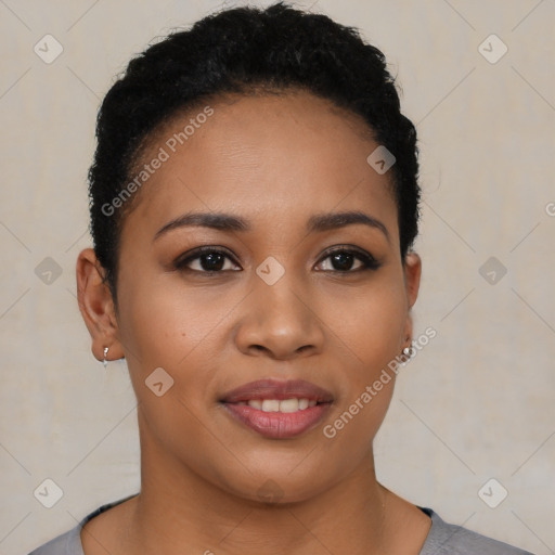 Joyful latino young-adult female with short  brown hair and brown eyes