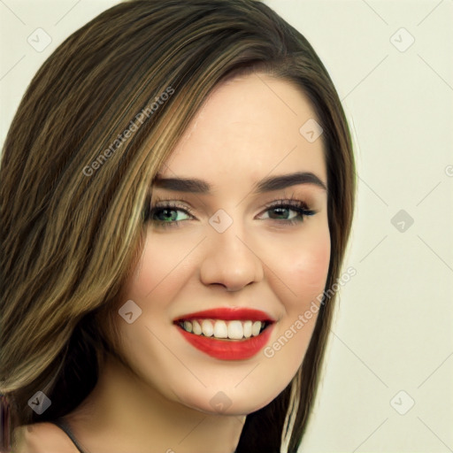 Joyful white young-adult female with long  brown hair and green eyes