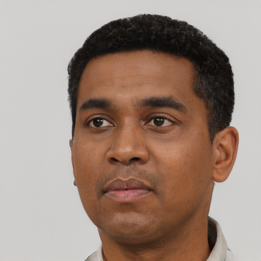 Neutral black young-adult male with short  black hair and brown eyes
