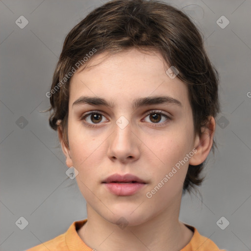 Neutral white young-adult female with medium  brown hair and brown eyes