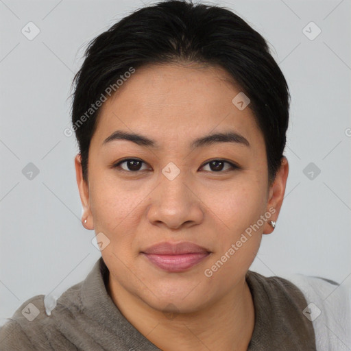 Joyful asian young-adult female with short  brown hair and brown eyes