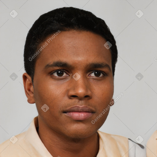 Neutral black young-adult male with short  black hair and brown eyes