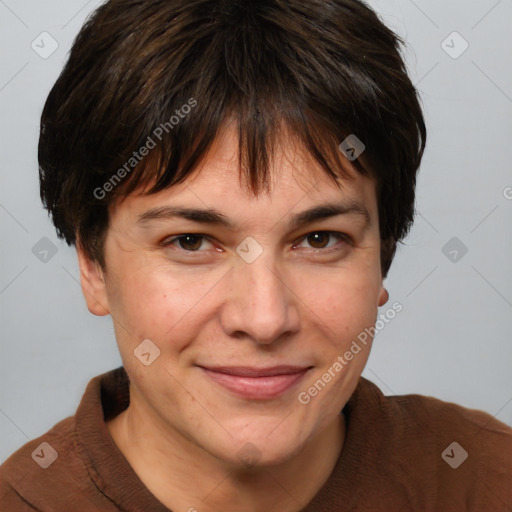 Joyful white adult female with short  brown hair and brown eyes