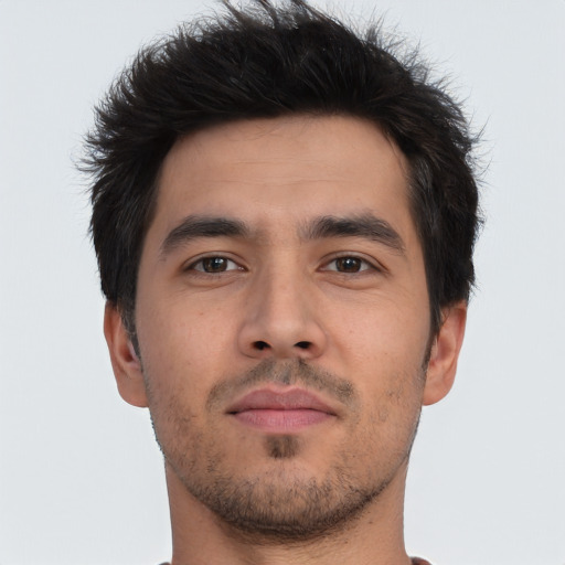Neutral asian young-adult male with short  brown hair and brown eyes
