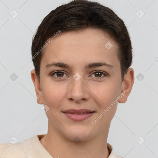 Joyful white young-adult female with short  brown hair and brown eyes