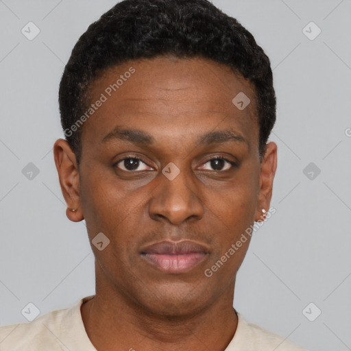 Neutral black young-adult male with short  black hair and brown eyes