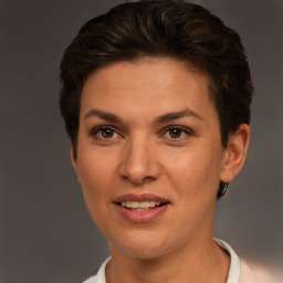 Joyful white adult female with short  brown hair and brown eyes