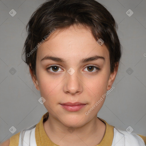 Neutral white young-adult female with medium  brown hair and brown eyes