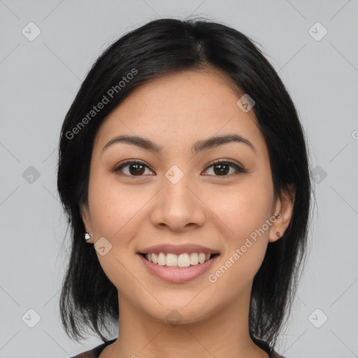 Joyful asian young-adult female with medium  black hair and brown eyes