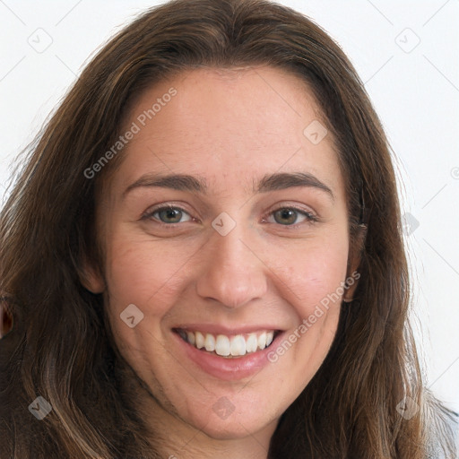 Joyful white young-adult female with long  brown hair and grey eyes