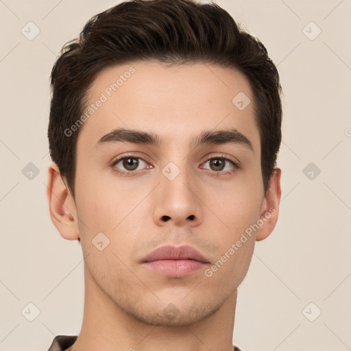 Neutral white young-adult male with short  brown hair and brown eyes