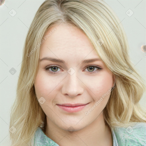 Joyful white young-adult female with long  brown hair and green eyes