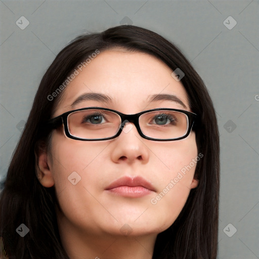 Neutral white young-adult female with long  brown hair and brown eyes