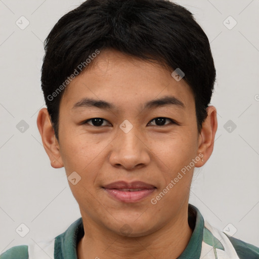 Joyful asian young-adult male with short  brown hair and brown eyes