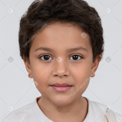 Joyful white child female with short  brown hair and brown eyes