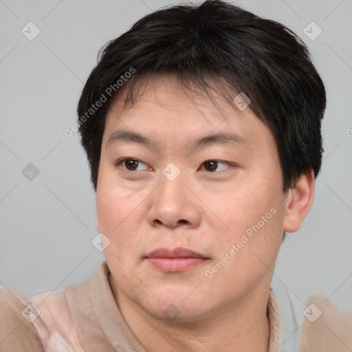 Neutral asian young-adult male with short  brown hair and brown eyes