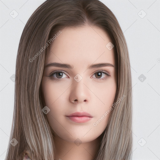 Neutral white young-adult female with long  brown hair and brown eyes