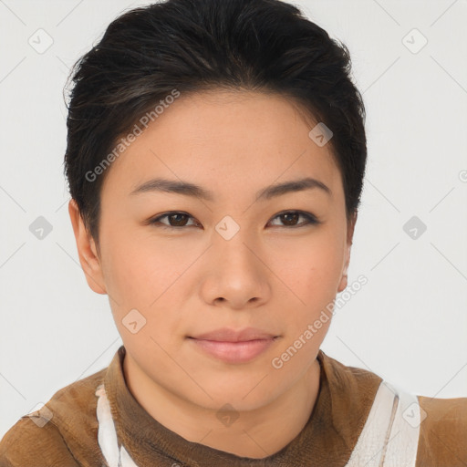 Joyful asian young-adult female with short  brown hair and brown eyes