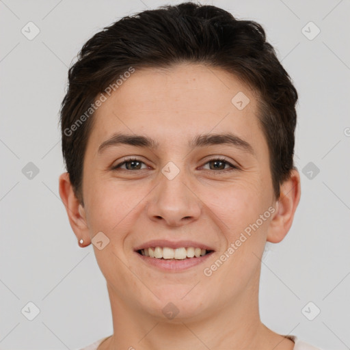 Joyful white young-adult female with short  brown hair and brown eyes