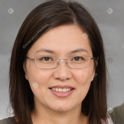 Joyful white adult female with medium  brown hair and brown eyes