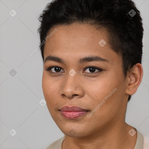 Neutral black young-adult female with short  brown hair and brown eyes