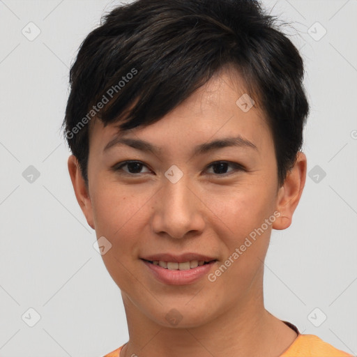 Joyful asian young-adult female with short  brown hair and brown eyes