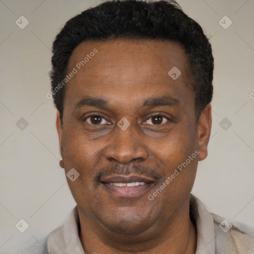 Joyful black adult male with short  black hair and brown eyes